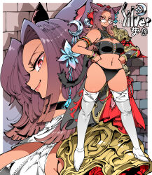 animal_ears armlet black_tail boots bracelet breasts cape cleavage crescent cross earrings full_body glasses grey_cape hands_on_own_hips jewelry kafun latin_cross long_hair looking_at_viewer looking_over_eyewear medium_breasts multicolored_cape navel original profile purple_hair red_cape red_eyes slit_pupils smile tail thigh_boots thighhighs white_footwear