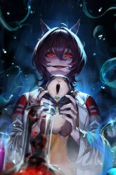 1girl absurdres agnes_tachyon_(umamusume) animal animal_ears black_hair black_jacket evil_smile hair_between_eyes hamster highres holding holding_animal horse_ears horse_girl jacket lab_coat looking_at_viewer neckerchief open_mouth peperon_(peperou) red_eyes smile tagme umamusume yellow_neckerchief