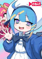 Rule 34 | 2girls, ahoge, blue bow, blue eyes, blue hair, blue jacket, blush, bow, crop top, demon girl, demon wings, dress, duel monster, earrings, green eyes, hair between eyes, hairband, hat, highres, jacket, jewelry, ki-sikil (yu-gi-oh!), lil-la (yu-gi-oh!), live twin ki-sikil, live twin lil-la, multiple girls, nishiuji, open clothes, open jacket, open mouth, pink hair, pink jacket, recording, short hair, smile, spiked hairband, spikes, twintails, white dress, white hat, wings, yu-gi-oh!