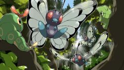 animal_focus antennae blacknirrow bug butterfree caterpie evolutionary_line fangs flying forest gen_1_pokemon highres insect_wings metapod nature nintendo no_humans outdoors outline pokemon pokemon_(creature) pokemon_focus red_eyes tree white_outline wings