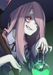Rule 34 | 1girl, blue robe, broom, colored skin, grey skin, grin, hair over one eye, haishima xv, hat, highres, holding, holding broom, holding potion, little witch academia, long hair, luna nova school uniform, purple hair, red eyes, robe, school uniform, sharp teeth, smile, solo, sucy manbavaran, teeth, witch, witch hat