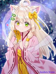 1girl ahoge animal_ear_fluff animal_ears artist_name blonde_hair blush bow cat_ears cat_girl closed_mouth commentary_request extra_ears fish_hair_ornament green_eyes hagoromo hair_bow hair_ornament hair_tubes hairclip happy hazakura_hinata heart heterochromia highres holding holding_tanzaku japanese_clothes kimono kurumi_(hazakura_hinata) long_hair long_sleeves looking_at_viewer original parallel_hairclips pink_kimono shawl sidelocks smile solo tanabata tanzaku wide_sleeves yellow_bow yellow_eyes