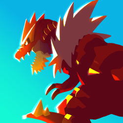 absurdres animal_focus black_sclera blue_background blue_sky colored_sclera creatures_(company) day dinosaur from_side game_freak gen_6_pokemon highres monomo_(pixiv_106518051) nintendo no_humans open_mouth outdoors pokemon pokemon_(creature) pokemon_focus profile sharp_teeth simple_background sky solo standing sunlight sunrise teeth tyrantrum white_eyes