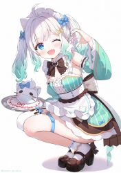 1girl ;d ahoge apron aqua_hair asymmetrical_legwear ayamy black_bow black_garter_straps black_shoes black_skirt blue_eyes bobby_socks bow breasts center_frills cleavage commentary detached_sleeves dress english_commentary fang frilled_dress frills full_body garter_straps gradient_hair green_dress green_hair hair_ornament hairclip half-heart_hands hand_up highres holding holding_tray indie_virtual_youtuber large_bow long_hair long_sleeves looking_at_viewer maid maid_headdress mary_janes miniskirt mint_fantome mint_fantome_(minto_2.0) multicolored_hair one_eye_closed open_mouth pointy_ears shoes short_hair simple_background single_thighhigh skin_fang skirt skirt_under_dress sleeveless sleeveless_dress smile socks solo squatting striped_clothes striped_dress thighhighs tray triangular_headpiece two_side_up uneven_legwear vertical-striped_clothes vertical-striped_dress virtual_youtuber waist_apron white_apron white_background white_hair white_socks white_thighhighs x_hair_ornament