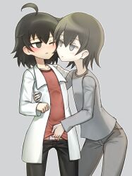 2girls ahoge ayashii_(feba)_(character) black_eyes black_hair black_pants blush closed_mouth coat commentary_request cookie_(touhou) cowboy_shot empty_eyes expressionless grey_background grey_eyes grey_hair grey_pants grey_shirt jigoku_no_soko_de_coffee_wo_nomu_neko kofji_(cookie) lab_coat looking_at_another multiple_girls pants red_shirt shirt short_hair simple_background t-shirt white_coat yuri