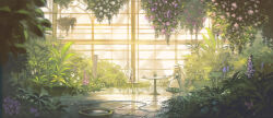 1girl absurdres blonde_hair blue_dress blue_flower blurry commentary_request cup day depth_of_field dress flower greenhouse hanging_plant hat highres hose indoors juliet_sleeves long_sleeves looking_at_viewer original pillar pink_flower plant potted_plant puffy_sleeves purple_flower sitting solo stuffed_animal stuffed_rabbit stuffed_toy sun_hat suzuke table teacup tile_floor tiles twintails water white_hat wide_shot