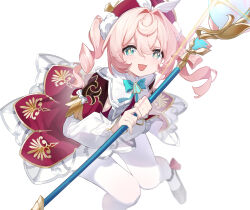 1girl :d absurdres artistic_error black_shoes collar commentary_request dress freeeeeeeeeee green_eyes hair_intakes hat highres holding holding_staff honkai:_star_rail honkai_(series) hyacine_(honkai:_star_rail) long_sleeves looking_at_viewer open_mouth pantyhose pink_hair red_dress red_hat shoes simple_background smile solo sparkling_eyes staff twintails white_background white_collar white_pantyhose yellow_pupils
