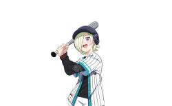 1girl baseball baseball_bat baseball_helmet baseball_jersey baseball_uniform black_helmet black_shirt blonde_hair ear_piercing elbow_pads hair_ornament hair_over_one_eye hairclip helmet highres holding holding_baseball_bat jacket jersey long_sleeves love_live! love_live!_nijigasaki_high_school_idol_club love_live!_school_idol_festival_2 metal_baseball_bat mia_taylor official_art one_eye_covered open_clothes open_mouth piercing pink_nails playing_sports purple_eyes shirt short_hair short_sleeves shorts smile solo sportswear standing striped_clothes swinging teeth transparent_background upper_teeth_only vertical-striped_clothes white_shorts