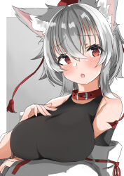 Rule 34 | 1girl, :o, absurdres, animal collar, animal ear fluff, animal ears, arm under breasts, black undershirt, blush, breast lift, breasts, collar, commentary request, crossed bangs, grey background, grey hair, hair between eyes, hand on own chest, hat, highres, impossible clothes, inubashiri momiji, large breasts, looking to the side, medium hair, no shirt, open mouth, raised inner eyebrows, red collar, red eyes, red hat, red ribbon, regua, ribbon, ribbon-trimmed sleeves, ribbon trim, simple background, sleeves past wrists, solo, tokin hat, touhou, upper body, white sleeves, wide sleeves, wolf ears, wolf girl