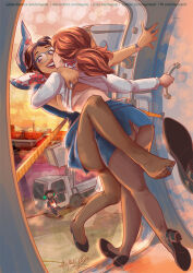 2girls aircraft airplane airplane_interior airport black_hair black_shoes bra brown_eyes brown_hair clothes_lift doorway flight_attendant formal_clothes glasses miniskirt multiple_girls myore original panties panties_under_pantyhose pantyhose pantyshot pencil_skirt shirt_lift shoes signature single_shoe skirt suit sunset travel_attendant underwear white_bra yuri