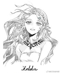 1girl bare_shoulders braid breasts chidaoyuehui commentary_request crown_braid dress greyscale hair_ornament hairclip highres long_hair looking_at_viewer monochrome nintendo pointy_ears princess_zelda simple_background smile solo strapless strapless_dress the_legend_of_zelda twitter_username upper_body white_background