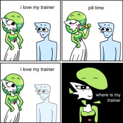 1boy 1girl :&gt; :3 black_background blush breasts closed_eyes creatures_(company) disappear english_text eye_contact eyelashes game_freak gardevoir gen_3_pokemon green_hair hair_over_one_eye hand_on_own_hip happy highres looking_at_another looking_at_viewer medium_breasts meme nintendo open_mouth pearboy-ooh pill pokemon short_hair smile standing white_background
