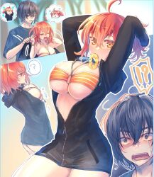 !? 1boy 1girl ? ahoge bikini black_hoodie blue_eyes breasts command_spell dai4kabe fate/grand_order fate_(series) fujimaru_ritsuka_(female) fujimaru_ritsuka_(female)_(brilliant_summer) grey_hair hair_ornament hair_scrunchie hair_tie_in_mouth hood hoodie inconvenient_breasts large_breasts mouth_hold o-ring o-ring_bikini oberon_(fate) oberon_(moody_summer_oberon)_(fate) orange_eyes orange_hair partially_unzipped scrunchie swimsuit twitter_username zipper