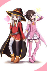 Rule 34 | 2girls, akira (been0328), ascot, asymmetrical legwear, bad id, bad pixiv id, bandaged leg, bandages, bare shoulders, belt, black cape, black legwear, boots, brown eyes, brown hair, button eyes, buttons, cape, collar, commentary request, cosplay, costume switch, crossover, dress, elbow gloves, eyepatch, fate/kaleid liner prisma illya, fate (series), feather hair ornament, feathers, full body, gloves, hair ornament, hat, heart, highres, illyasviel von einzbern, kono subarashii sekai ni shukufuku wo!, long hair, long sleeves, looking at viewer, megumin, megumin (cosplay), mismatched legwear, multiple girls, one eye closed, pink boots, pink dress, pink gloves, pouch, prisma illya, prisma illya (cosplay), red dress, red eyes, short hair, silver hair, simple background, single thighhigh, sleeveless, sleeveless dress, star (symbol), thigh boots, thigh pouch, thigh strap, thighhighs, white background, white gloves, witch hat