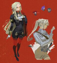 4girls black_shoes blonde_hair center_opening chibi closed_mouth commentary_request ct21k double_bun edelgard_von_hresvelg female_byleth_(fire_emblem) female_shez_(fire_emblem) fire_emblem fire_emblem:_three_houses fire_emblem_warriors:_three_hopes friends from_side full_body garreg_mach_monastery_uniform gloves green_hair hair_between_eyes hair_bun hair_over_one_eye hair_ribbon hand_on_own_chest head_tilt heart highres light_smile long_sleeves looking_at_viewer lying monica_von_ochs multiple_girls nintendo official_alternate_costume on_back open_mouth pantyhose parted_bangs purple_eyes purple_hair purple_ribbon red_background red_hair red_pantyhose ribbon shade shoes side_ponytail standing sword wavy_hair weapon white_gloves