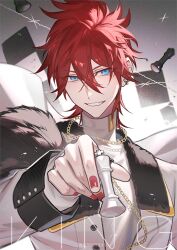 1boy aleo amagi_rinne blue_eyes chain chess_piece ear_piercing earrings english_text ensemble_stars! fingernails fur_trim glint grin hair_between_eyes holding holding_chess_piece jacket jewelry king_(chess) long_sleeves looking_at_viewer male_focus nail_polish necklace piercing red_hair red_nails shirt short_hair smile solo teeth upper_body white_jacket white_shirt