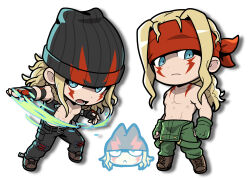 1boy 2boys :&lt; alex_(street_fighter) bandana beanie black_pants blonde_hair blood blood_on_clothes blood_on_face blue_eyes boots chibi facial_mark fingerless_gloves gloves hat headband highres holding holding_weapon injury jacket long_hair male_focus multiple_boys open_mouth pants pectorals sach56000 standing street_fighter street_fighter_iii_(series) tattoo topless_male vest weapon