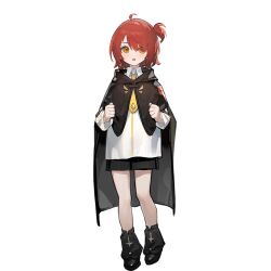 1girl aged_down arknights artist_request black_cape black_shoes black_skirt cape collared_shirt detached_wings energy_wings exusiai_(arknights) full_body game_cg hair_over_one_eye halo long_sleeves looking_at_viewer parted_lips red_hair shirt shoes short_hair skirt solo third-party_source traditional_halo transparent_background white_shirt wings