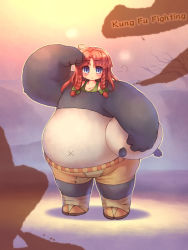 1girl animal_costume blue_eyes braid cosplay costume female_focus hong_meiling hong_meiling_(panda) kung_fu_panda long_hair panda parody po_(kung_fu_panda) po_(kung_fu_panda)_(cosplay) red_hair sankuma solo sweat touhou twin_braids