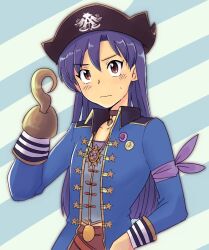 1girl black_hat blue_hair blue_jacket brown_eyes choker closed_mouth diagonal-striped_background hand_up hat hook_hand idolmaster idolmaster_(classic) jacket kisaragi_chihaya long_hair long_sleeves pirate solo striped_background sweatdrop tsubobot upper_body