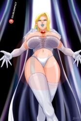 1girl blonde_hair blue_eyes doubleimpact earrings emma_frost gloves jewelry lipstick long_hair makeup marvel necklace panties solo underwear x-men