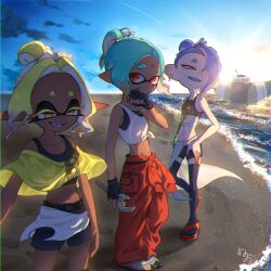 3girls absurdres big_man_(splatoon) big_man_(splatoon_raiders) black_bra black_gloves black_shorts blonde_hair blue_hair bra breasts chest_sarashi collarbone colored_extremities colored_eyelashes colored_tongue commentary_request cross-shaped_pupils dark-skinned_female dark_skin dirty dirty_face fangs fingerless_gloves frye_(splatoon) frye_(splatoon_raiders) full_body gloves gradient_hair grey_thighhighs hair_bun hair_over_one_eye hand_on_own_hip highres holding holding_wrench inkling_girl inkling_player_character long_eyelashes long_pointy_ears mechanic_(splatoon_raiders) midriff multicolored_hair multiple_girls navel nintendo nuo_001 official_alternate_costume one_eye_covered open_mouth outdoors pants parted_bangs pointy_ears ponytail purple_hair purple_tongue red_eyes red_pants red_sandals sandals sarashi shawl shirt shiver_(splatoon) shiver_(splatoon_raiders) short_hair shorts shorts_under_skirt single_hair_bun skirt small_breasts smile splatoon_(series) splatoon_raiders standing symbol-shaped_pupils tentacle_hair thighhighs tied_shirt torn_clothes torn_skirt underwear white_shirt white_skirt wrench yellow_eyes yellow_shawl