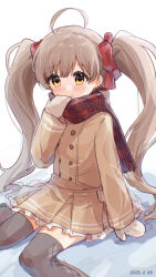 1girl absurdres ahoge black_thighhighs blush brown_eyes brown_hair brown_jacket brown_skirt closed_mouth dated hakozaki_serika highres idolmaster idolmaster_million_live! jacket long_hair long_sleeves looking_at_viewer mittens nnnn plaid_clothes plaid_scarf red_scarf scarf sitting skirt solo thighhighs twintails very_long_hair white_background