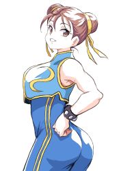Rule 34 | 1girl, ass, bare shoulders, blue bodysuit, bodysuit, bracelet, brown eyes, brown hair, capcom, chun-li, double bun, female focus, grin, hair bun, hair ribbon, highres, ikaringo (ikaringo4444), jewelry, matching hair/eyes, ribbon, simple background, smile, solo, spiked bracelet, spikes, street fighter, street fighter zero (series), teeth, white background, yellow ribbon