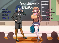 2girls age_difference artist_request audience black_hair black_necktie black_suit blonde_hair breast_envy breasts briefcase brown_jacket cell chalkboard classroom english_text formal_clothes frown full_body glasses hand_on_own_hip huge_breasts indoors jacket long_hair long_sleeves multiple_girls necktie original ribbon school_uniform skirt smile suit teacher wooden_floor