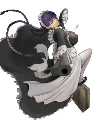 1girl apron black_dress black_lagoon braid breasts cross cross_necklace dress frilled_dress frills glasses gloves highres jewelry looking_at_viewer maid maid_apron maid_headdress necklace purple_hair roberta_(black_lagoon) round_eyewear solo thighhighs twin_braids user_vnah5582 white_background white_gloves white_thighhighs