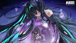 4girls absurdres antennae aqua_hair bandaid bandaid_on_face bandaid_on_nose black_bodysuit black_cloak black_hair black_nails blue_shirt bodysuit breasts bubble cleavage cloak closed_mouth colored_inner_hair commentary english_commentary goddess_of_victory:_nikke grey_hair hair_intakes hair_ornament highres hood hooded_cloak large_breasts little_mermaid_(nikke) long_hair looking_at_another looking_at_viewer medium_hair mihara_(bonding_chain)_(nikke) mihara_(nikke) mori_(nikke) multicolored_hair multiple_girls official_art open_mouth purple_eyes shirt smile white_shirt yellow_eyes yuni_(chimera)_(nikke)