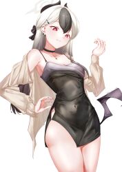 1girl absurdres black_dress black_hair blue_archive breasts brown_jacket chinese_commentary cleavage commentary_request covered_navel cowboy_shot demon_girl demon_horns demon_wings dress ear_piercing earrings grey_halo halo highres holding_strap horns jacket jewelry kayoko_(blue_archive) kayoko_(dress)_(blue_archive) long_hair multicolored_hair necklace official_alternate_costume panty_straps piercing red_eyes simple_background single_wing small_breasts thighs two-tone_hair white_background white_hair wings wuwangzuimei
