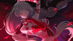 1girl arm_up bandage_over_one_eye bandaged_arm bandages bare_shoulders blue_eyes braid breasts collarbone commentary detached_sleeves earrings fingernails flower highres jewelry large_breasts long_hair looking_at_viewer low_twin_braids neu_(musyoku-neet) parted_lips phrolova_(wuthering_waves) red_nails red_petals single_detached_sleeve solo spider_lily tacet_mark_(wuthering_waves) twin_braids upper_body very_long_hair wuthering_waves