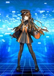 1girl black_hat black_pantyhose black_sailor_collar black_shoes black_skirt blue_background blunt_bangs breasts brown_eyes brown_hair buttons clenched_hand closed_mouth cropped_jacket fate/grand_order fate_(series) floating_hair full_body game_cg hand_up hat high-waist_skirt jacket kishinami_hakuno_(female) kishinami_hakuno_(female)_(mooncancer) layered_sleeves legs_apart loafers long_hair long_sidelocks long_sleeves looking_at_viewer miniskirt neckerchief official_art open_clothes open_jacket orange_neckerchief outstretched_arm pantyhose peaked_cap pleated_skirt popped_collar sailor_collar school_uniform serafuku shirt shirt_tucked_in shoes sidelocks skirt smile solo standing third-party_source turtleneck undershirt wada_arco white_shirt wide_sleeves