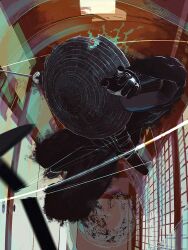 1other ajirogasa aura black_gloves black_hat black_socks commentary_request dark_aura door geta gloves hat holding holding_sword holding_weapon indoors katana original reaching reaching_towards_viewer ronin sheath slashing socks solo sword toy(e) weapon