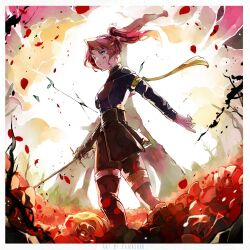 Rule 34 | 1girl, black gloves, blue eyes, clair obscur: expedition 33, fingerless gloves, gloves, highres, holding, holding sword, holding weapon, long hair, maelle (clair obscur: expedition 33), ponytail, rapier, red hair, solo, sword, upper body, weapon, yamishinofficial