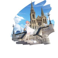1girl absurdres architecture arm_up artist_request bag bird blue_eyes blue_sky blush breasts cathedral cleavage cloud country_connection dove dress eiffel_tower elbow_carry european_architecture france gloves gothic_architecture hairband hand_in_own_hair handbag high_heels highres holding holding_bag jean_bart_(warship_girls_r) lamppost looking_at_viewer notre_dame_de_paris official_alternate_costume official_art open_mouth paper_bag paris pillar pink_hair real_world_location shoes shopping_bag short_hair silhouette sky smile warship_girls_r white_dress white_gloves white_hairband white_shoes