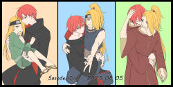2boys akatsuki_uniform black_border black_nails blonde_hair blue_eyes border child crop_top dated deidara_(naruto) edo_tensei english_text expressionless extra_mouth fishnet_top fishnets forehead_protector green_nails grin hair_over_one_eye hayamin35 high_ponytail highres hug hug_from_behind jewelry kiss kissing_cheek long_hair low_ponytail male_focus multiple_boys naruto_(series) naruto_shippuuden pants ponytail red_eyes red_hair ring robe sandals sasori_(naruto) short_hair simple_background sitting sitting_on_lap sitting_on_person smile tongue tongue_out yaoi