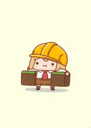 ._. 1girl :t absurdres black_shoes block_(minecraft) block_(object) blonde_hair brown_skirt chibi full_body grass_block grey_socks hard_hat helmet highres holding hololive hololive_english long_sleeves looking_at_viewer minecraft necktie phdpigeon plaid_clothes plaid_skirt red_necktie shirt shoes simple_background skirt socks solo standing straight-on virtual_youtuber watson_amelia white_shirt yellow_background yellow_theme