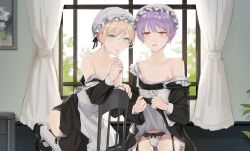 2boys alternate_costume bare_shoulders blonde-haired_boy_(sunaba_(nczd5875)) blonde_hair blue_eyes bulge chair clothes_lift collarbone crossdressing crossdressing_(mtf) cum curtains enmaided finger_to_mouth garter_belt highres looking_at_viewer maid maid_headdress male_focus mary_janes multiple_boys nipples open_mouth orange_eyes original panties purple_hair purple_hair_boy_(sunaba_(nczd5875)) seiza shoes sitting skirt skirt_lift sunaba_(nczd5875) trap underwear yaoi