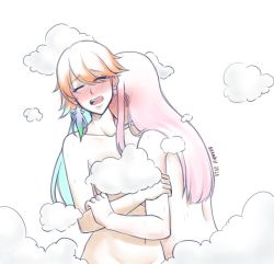 2girls akkanen bath bathing bite_mark biting blush censored censored_nipples closed_eyes convenient_censoring couple earrings feather_earrings feathers gradient_hair hickey hololive hololive_english jewelry kiss kissing_neck long_hair moaning mori_calliope multicolored_hair multiple_girls navel no_panties open_mouth orange_hair out-of-frame_censoring steam steam_censor takanashi_kiara teeth the_sims upper_teeth_only virtual_youtuber wife_and_wife yuri