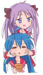 Rule 34 | 2girls, = =, absurdres, blue eyes, blue hair, bow, chocolate cornet, food, hair bow, hand on another&#039;s cheek, hand on another&#039;s face, highres, hiiragi kagami, holding, holding food, izumi konata, long hair, lucky star, mole, mole under eye, multiple girls, open mouth, purple hair, red sailor collar, red skirt, red sleeve cuffs, ryouou school uniform, sailor collar, school uniform, shirt, skirt, triangle mouth, twintails, white background, white shirt, yq9nhoedbnmi6iy