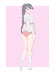 Rule 34 | 1girl, ass, bad source, black eyes, black hair, buruma, closed mouth, from behind, full body, gym shirt, gym uniform, hair ribbon, highres, houshou (kancolle), kantai collection, long hair, looking at viewer, looking back, no shoes, paid reward available, ponytail, red buruma, ribbon, shirt, solo, standing, thighhighs, white ribbon, white shirt, white thighhighs, yuichi (sp sakura yoshi)