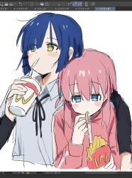 2girls :t arm_around_shoulder art_program_in_frame black_ribbon black_sleeves blue_eyes blue_hair blush_stickers bob_cut bocchi_the_rock! brand_name_imitation clip_studio_paint clip_studio_paint_(medium) collared_shirt commentary cropped_torso cube_hair_ornament cup disposable_cup drink drinking drinking_straw drinking_straw_in_mouth eating fast_food food food_in_mouth french_fries friends gotoh_hitori hair_between_eyes hair_ornament hairpin highres holding holding_drink holding_food jacket layered_sleeves long_hair long_sleeves looking_ahead looking_down mole mole_under_eye multiple_girls multiple_hairpins natari_(r161koevytjqxo) neck_ribbon one_side_up pink_hair pink_jacket ribbon school_uniform shimokitazawa_high_school_uniform shirt short_hair short_over_long_sleeves short_sleeves side_ahoge sidelocks simple_background sketch soda straight_hair track_jacket wcdonald&#039;s white_background white_shirt yamada_ryo yellow_eyes