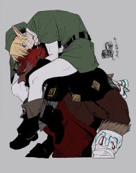 2boys belt black_belt black_gloves blonde_hair boots carrying cropped_torso crossed_ankles dark-skinned_male dark_skin earrings eye_contact fingerless_gloves ganondorf gloves green_hat green_tunic grey_background grin hamusitas hat highres jewelry leggings link long_pointy_ears long_sleeves looking_at_another male_focus multiple_boys nintendo piercing pointy_ears red_hair red_shirt redead shirt short_hair shoulder_carry smile teeth the_legend_of_zelda the_legend_of_zelda:_ocarina_of_time tunic white_leggings white_shirt yellow_eyes