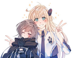 2girls blonde_hair blush brown_necktie collared_dress double_v dress duel_monster emptyayya english_text gloves grey_hair hands_up highres long_hair long_sleeves multiple_girls necktie one_eye_closed red_eyes simple_background sky_striker_ace_-_raye sky_striker_ace_-_roze smile two-tone_dress upper_body v yu-gi-oh!