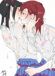 2girls adversarial_noise black_hair blue_skirt blush bra commentary hands_on_another&#039;s_waist hashtag-only_commentary highres imminent_kiss love_live! love_live!_school_idol_project medium_hair multiple_girls nishikino_maki open_mouth pink_bra plaid_clothes plaid_skirt pleated_skirt purple_bra purple_eyes red_eyes red_hair see-through_clothes see-through_shirt shirt skirt surfacedxxc twintails underwear wet wet_clothes wet_shirt white_shirt yazawa_nico yuri
