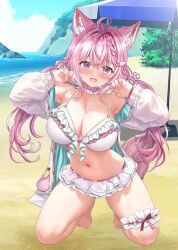 1girl ahoge animal_ear_fluff animal_ears antenna_hair bare_shoulders beach bikini blue_sky blush braid breasts choker cleavage collar detached_collar flower_collar frilled_bikini frilled_choker frilled_collar frilled_thigh_strap frills green_hoodie hair_ornament hakui_koyori hakui_koyori_(summer) hololive hood hoodie jacket large_breasts looking_at_viewer navel ocean open_clothes open_jacket open_mouth outdoors pink_hair pink_tail purple_eyes rikatan sky smile solo stomach swimsuit tail thigh_strap two-tone_choker umbrella virtual_youtuber water white_bikini white_jacket wolf_ears wolf_girl wolf_tail