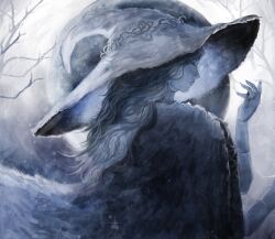 Rule 34 | blue skin, cape, cloak, closed eyes, colored skin, doll joints, elden ring, extra arms, fingernails, from side, fur cape, fur cloak, hand up, hat, highres, joints, large hat, locky0001, long hair, moon, ranni&#039;s dark moon, ranni the witch, sharp fingernails, upper body, winter, witch, witch hat