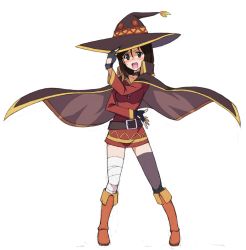 Rule 34 | 1girl, adjusting clothes, adjusting headwear, bandaged leg, bandages, belt, black belt, black cape, black hair, black hat, black thighhighs, blush, boots, brown boots, cape, closed eyes, commentary, cosplay, dress, female focus, fingerless gloves, full body, girls und panzer, gloves, hat, kayabakoro, knee boots, kono subarashii sekai ni shukufuku wo!, long hair, long sleeves, looking at viewer, megumi (girls und panzer), megumin, megumin (cosplay), name connection, open mouth, red dress, short dress, simple background, single thighhigh, smile, solo, standing, sweatdrop, thighhighs, witch hat
